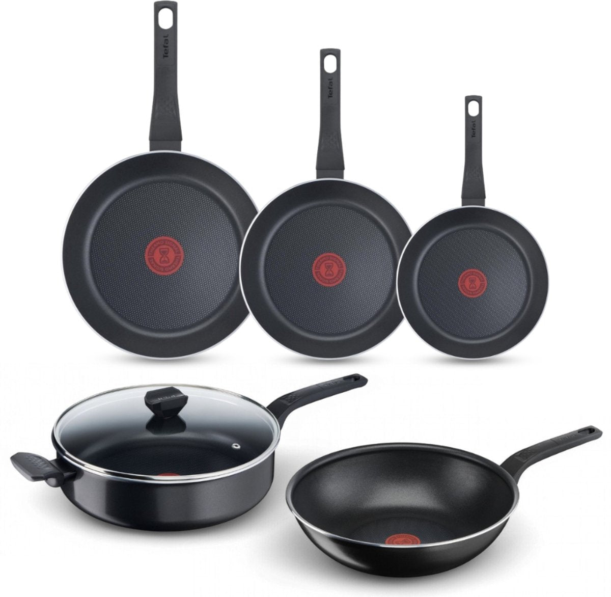 Tefal Easy Cook & Clean Pannenset - Koekenpannen 20/24/28cm + Wokpan 28cm + Hapjespan 28cm - Niet geschikt voor Inductie - Anti-aanbaklaag - Aluminium - Zwart
