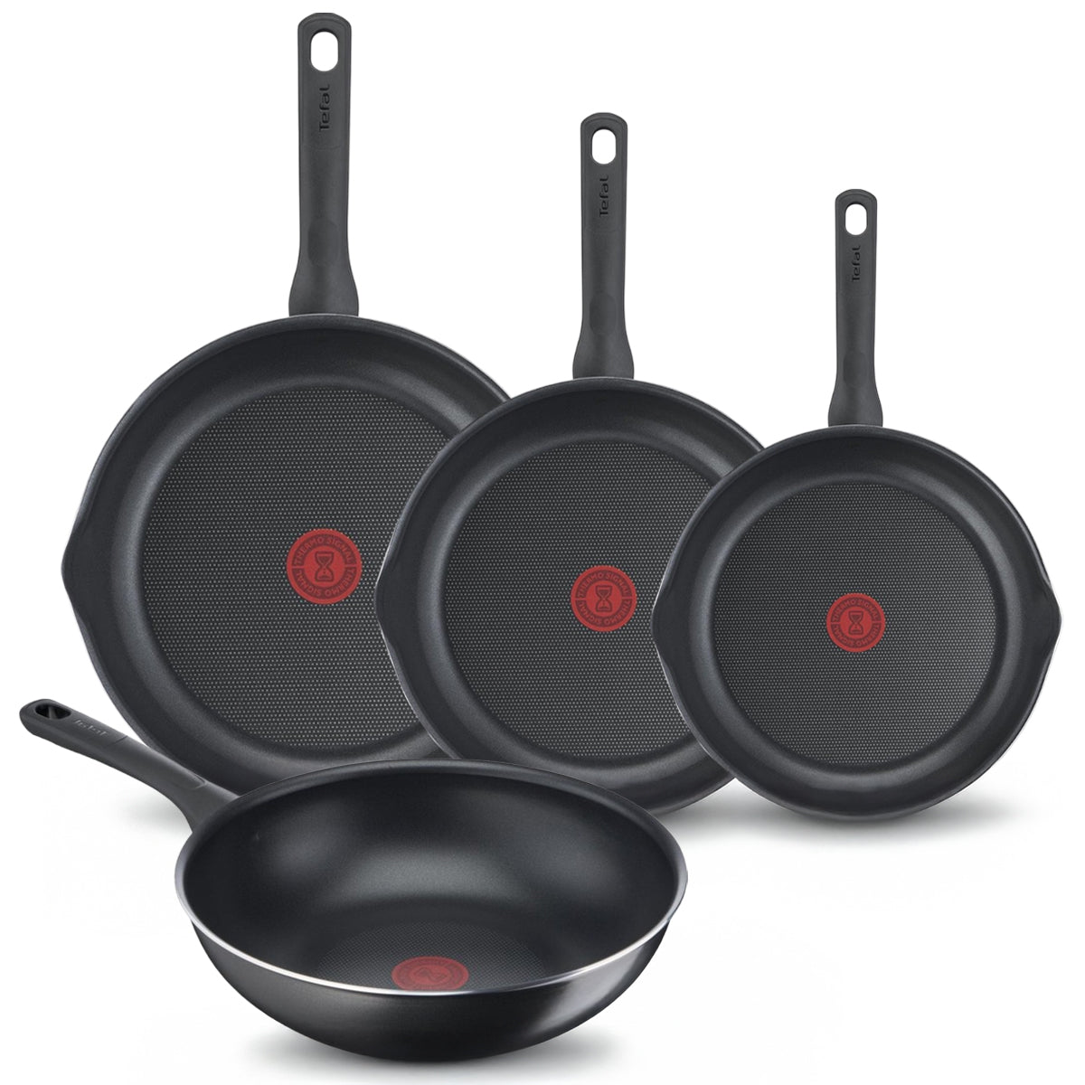 Tefal Day by Day Pannenset - Koekenpannen 20/24/28cm + Wokpan 28cm - Niet geschikt voor Inductie - Anti-aanbaklaag - Schenktuiten - Aluminium - Zwart