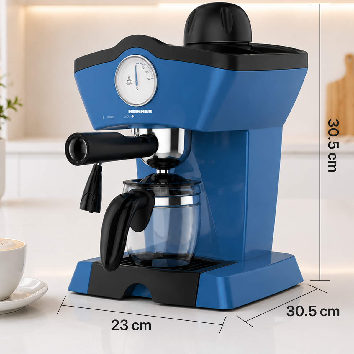 Heinner Charm HEM-200BL Handmatige Espressomachine – 800 W – 3,5 bar – Waterreservoir 250 ml – Voor Espresso en Cappuccino – Melkopschuimer – Frontthermometer – Blauw (4)