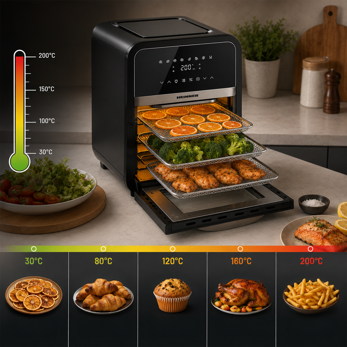 Heinner Heteluchtfriteuse – 2000W – 12L Capaciteit – Ovenfunctie – Digitaal Touchdisplay – Timer 60 min – Dehydrateren 24u – 8 Programma’s – Rotisserie – Zwart (8)