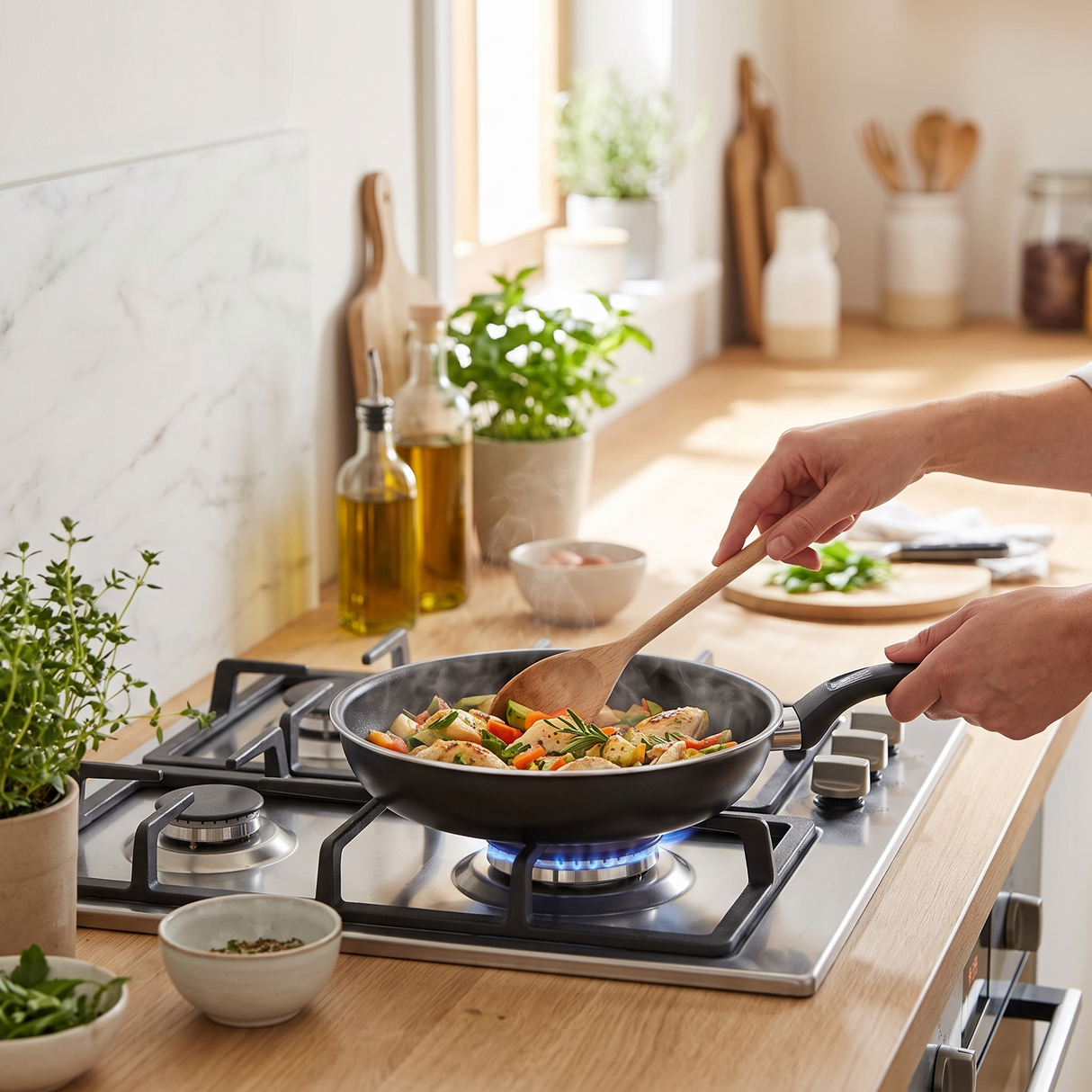 Tefal Easy Cook & Clean Pannenset 6-delig in gebruik op een gasfornuis