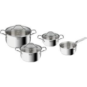 Tefal Intuition RVS kookpannenset met vier onderdelen: drie kookpannen met glazen deksels en een steelpan, gerangschikt 