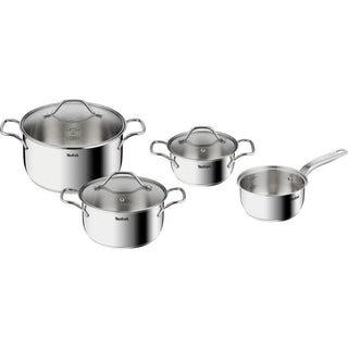 Tefal Intuition RVS kookpannenset met vier onderdelen: drie kookpannen met glazen deksels en een steelpan, gerangschikt 