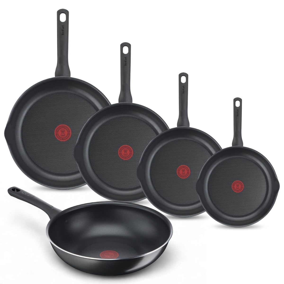 Tefal Day by Day Pannenset - Koekenpannen 20/24/28/32cm + Wokpan 28cm - Niet geschikt voor Inductie - Anti-aanbaklaag - Schenktuiten - Aluminium - Zwart