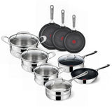 Jamie Oliver Complete pannenset 9-delig met RVS kookpannen, wokpan, hapjespan, koekenpannen en deksel in zijvak.