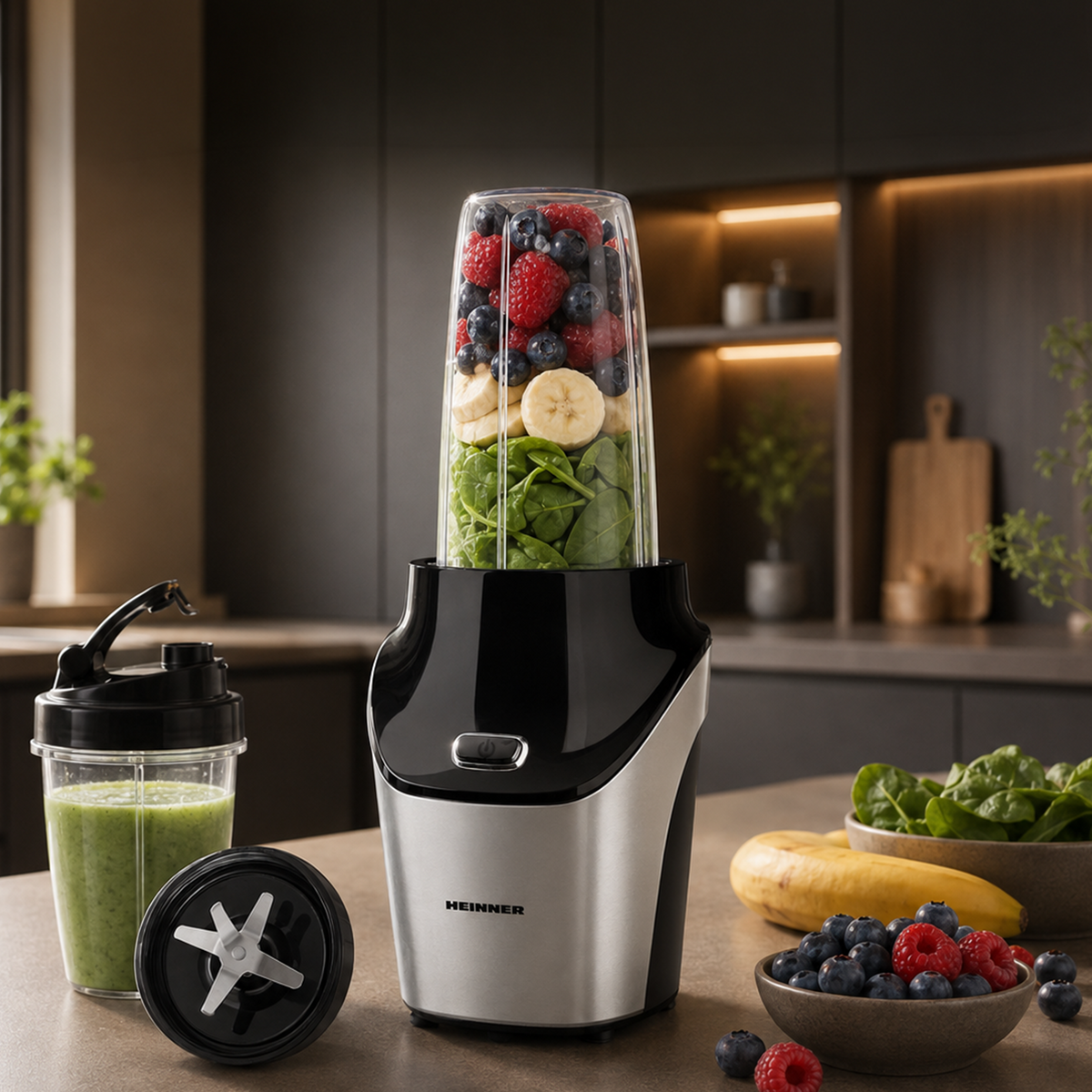 Heinner Sportblender – 1000W – 18.000 rpm – 0,45L & 1L Tritan Bekers – BPA-vrij – RVS Messen – Grinder – Pulse Functie – Zwart/Inox (4)