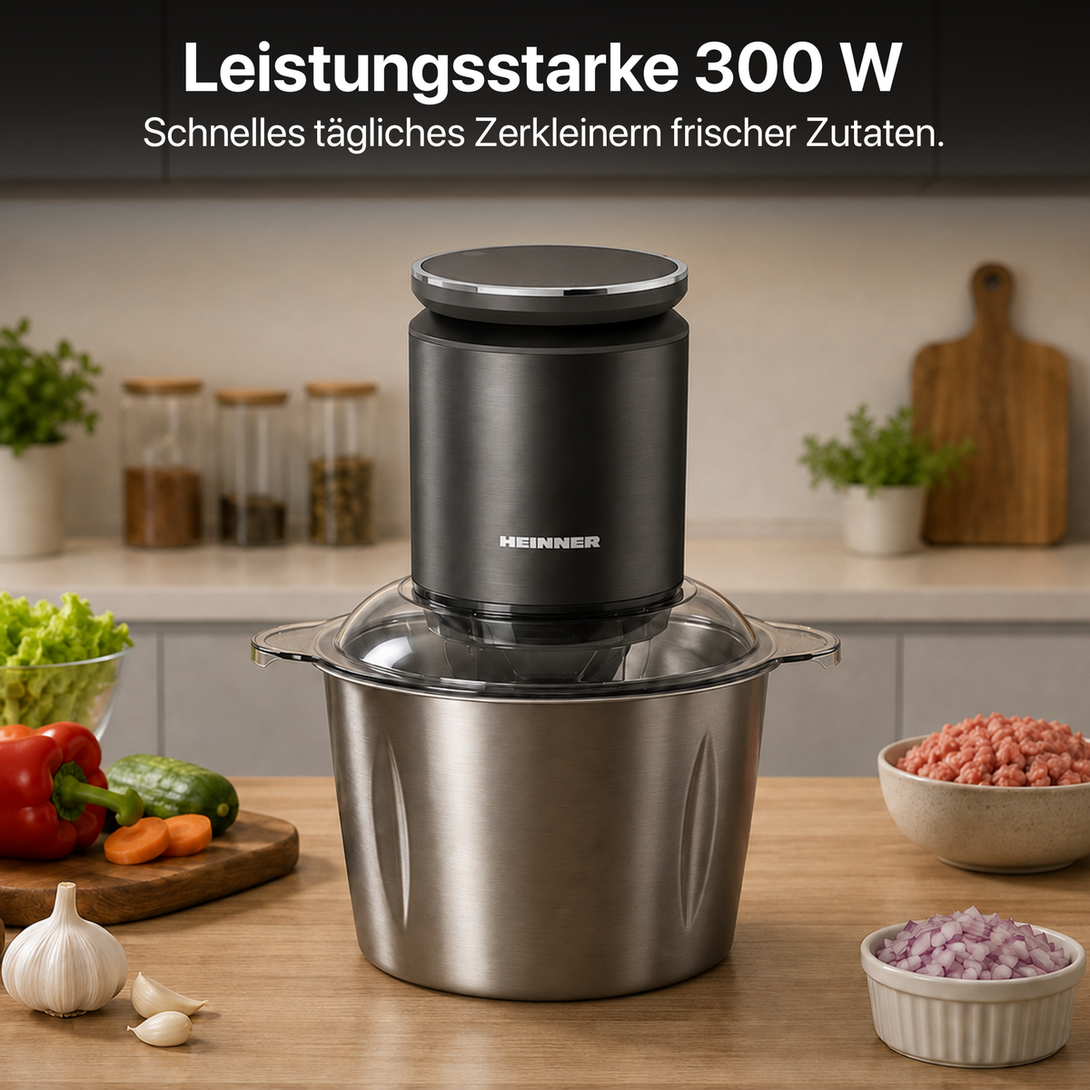 Heinner Elektrische Hakmolen – 300 W – RVS-kom 2 L – 4 RVS-messen – 2 Snelheden – Metalen Overbrenging – Veiligheidssysteem – Zilver (3)