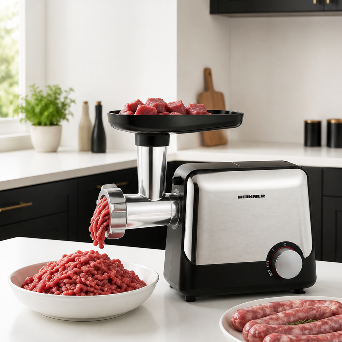 Heinner Elektrische Vleesmolen – 2100 W – Maalcapaciteit 1,8 kg/min – 3 Maalschijven – 2 Snelheden en Reversefunctie – Worst-, Kibbeh- en Tomatenaccessoires – RVS/Zwart (3)