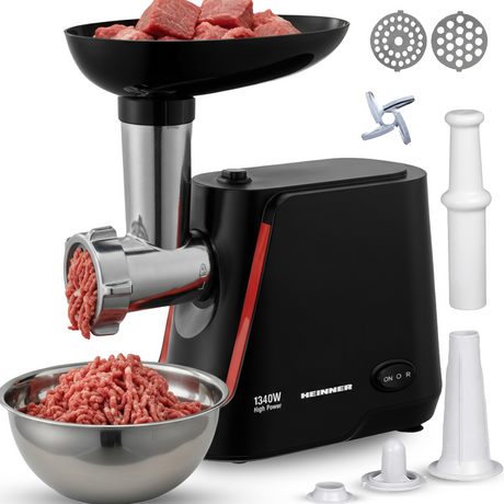 Heinner Elektrische Vleesmolen – Gehaktmolen met RVS mes – 2 snelheden + Reverse-functie – 1340 W – 1,5 kg/min – Inclusief Worst & Kibbe-accessoire – Zwart