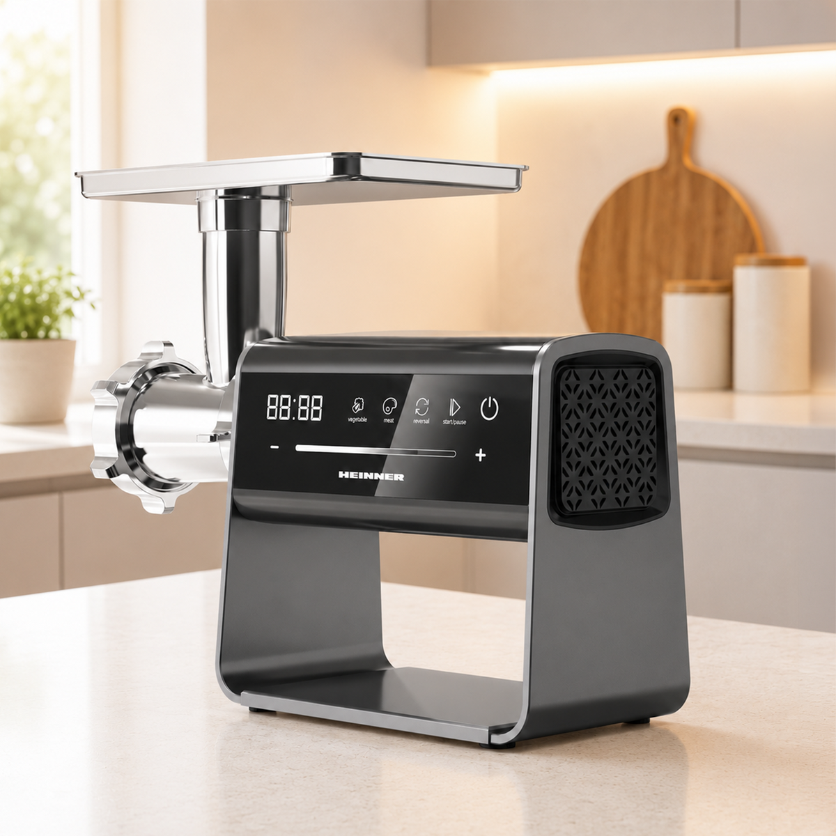 Heinner ExquisiteForce Vleesmolen 2500 W – DC-motor – Variabele Snelheid – Touchbediening – Planetair Tandwielsysteem – 2,5 kg/min – Reversefunctie – Roestvrij Staal (7)