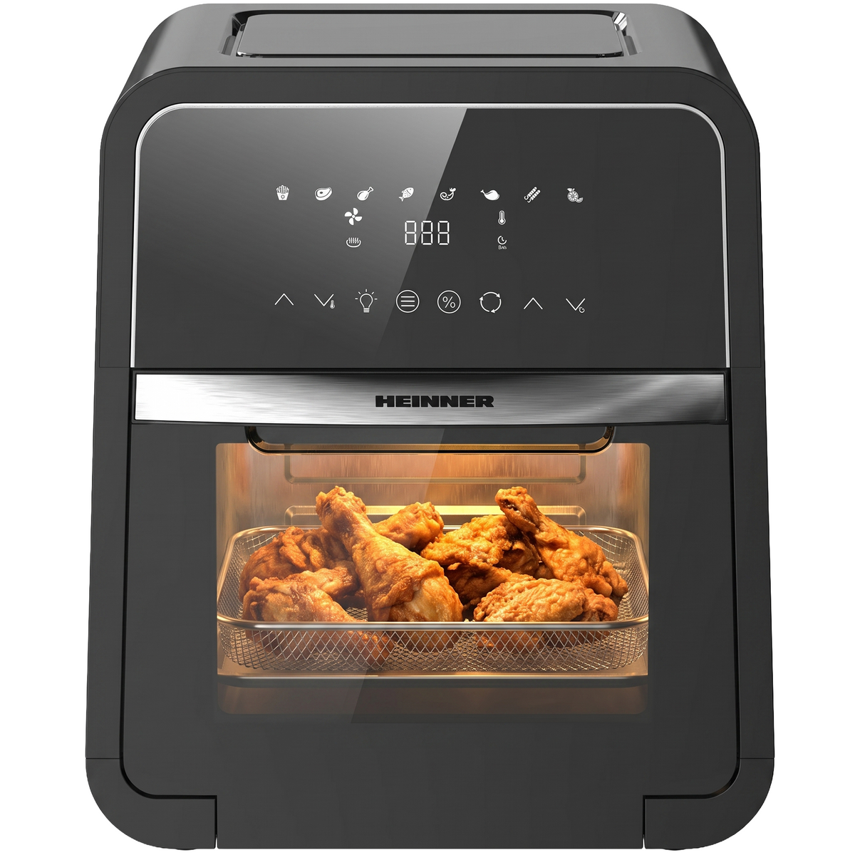 Heinner Heteluchtfriteuse – 2000W – 12L Capaciteit – Ovenfunctie – Digitaal Touchdisplay – Timer 60 min – Dehydrateren 24u – 8 Programma’s – Rotisserie – Zwart