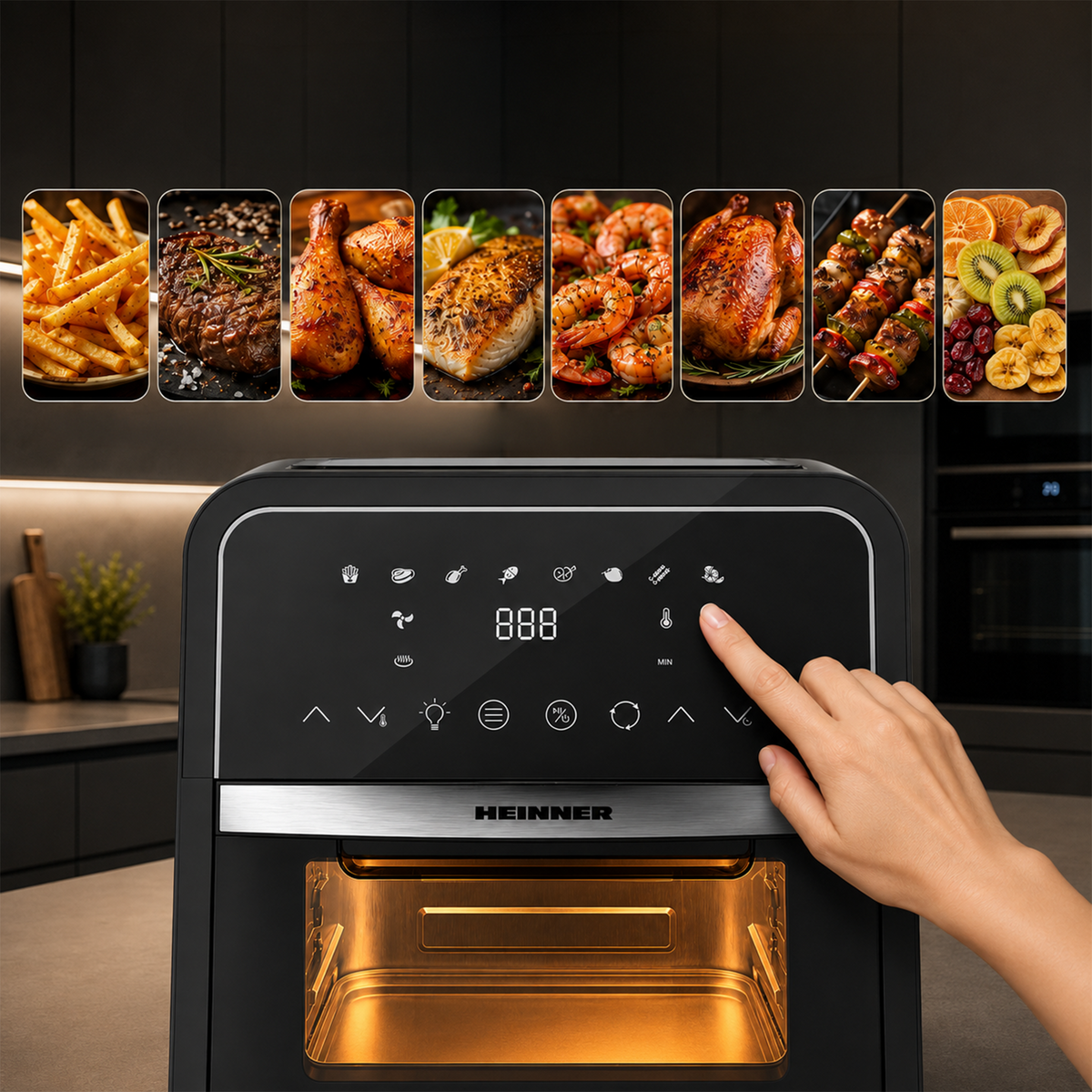 Heinner Heteluchtfriteuse – 2000W – 12L Capaciteit – Ovenfunctie – Digitaal Touchdisplay – Timer 60 min – Dehydrateren 24u – 8 Programma’s – Rotisserie – Zwart (5)