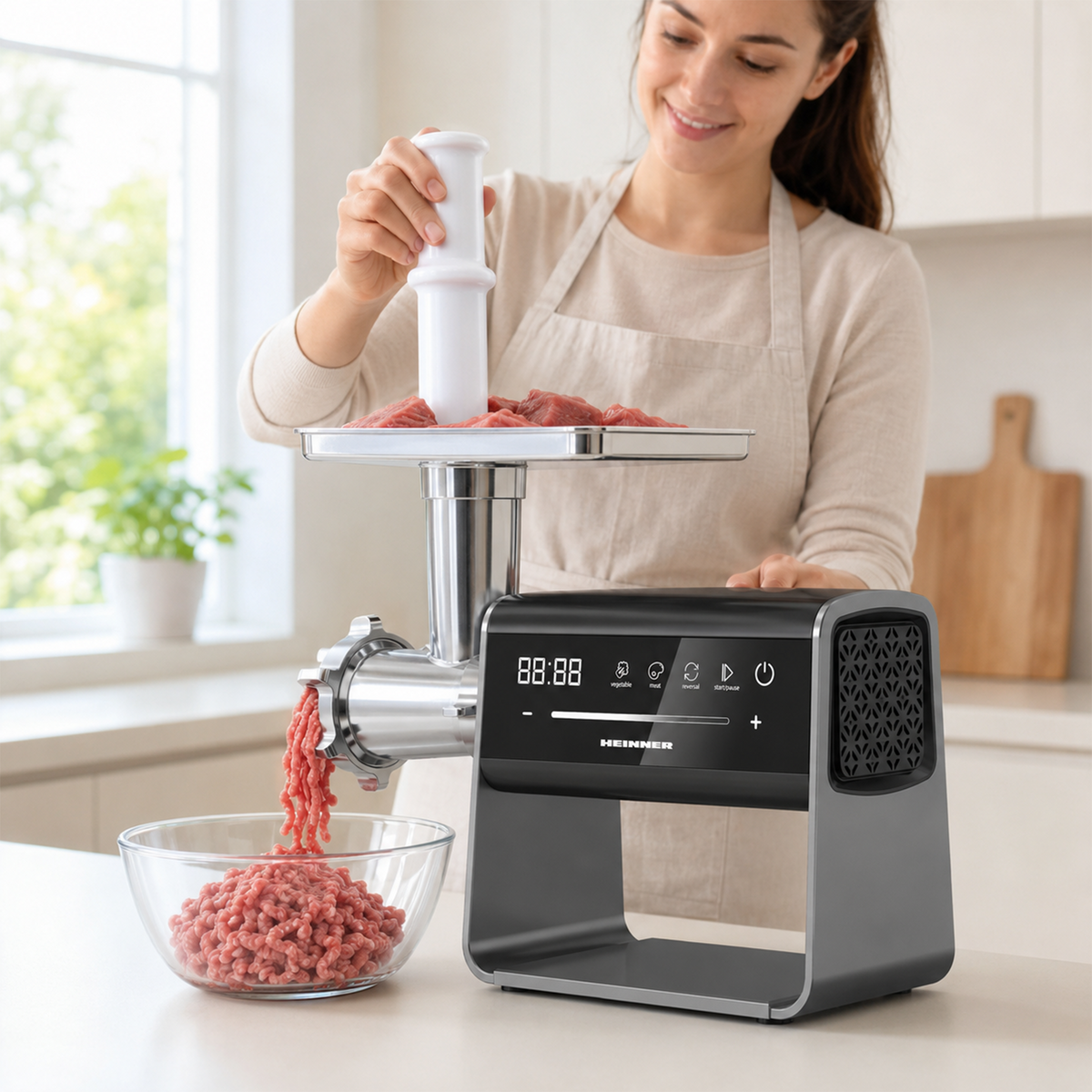 Heinner ExquisiteForce Vleesmolen 2500 W – DC-motor – Variabele Snelheid – Touchbediening – Planetair Tandwielsysteem – 2,5 kg/min – Reversefunctie – Roestvrij Staal (4)
