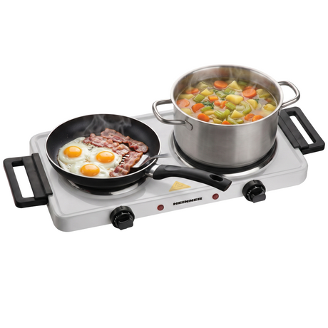 Heinner HDHP-KH2500WH Dubbele Elektrische Kookplaat – 2500W – 2 Gietijzeren Kookplaten – Ø18,5 cm + Ø15,5 cm – Instelbare Thermostaten – Oververhittingsbeveiliging – Antislipvoetjes – Wit – 3 Jaar Garantie
