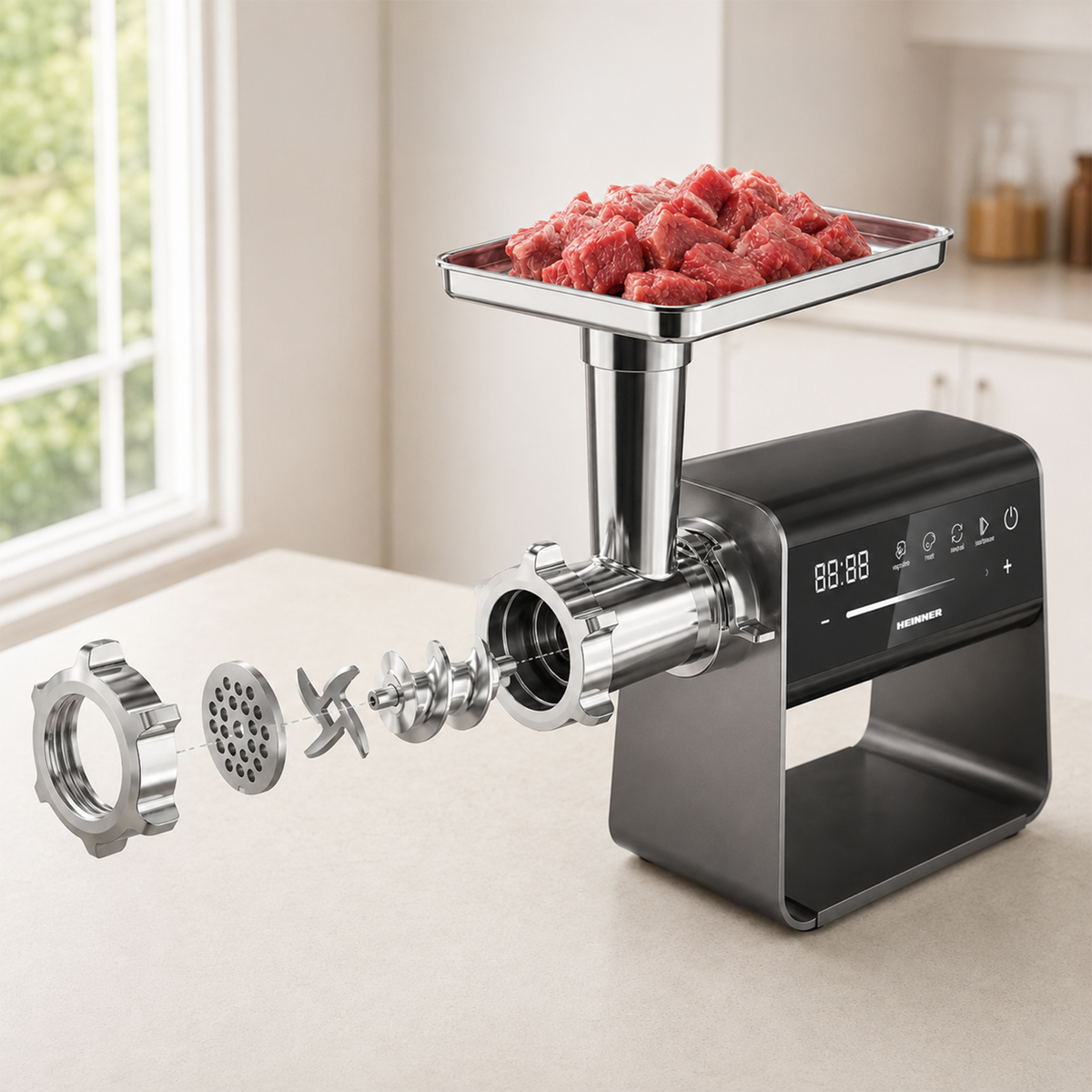 Heinner ExquisiteForce Vleesmolen 2500 W – DC-motor – Variabele Snelheid – Touchbediening – Planetair Tandwielsysteem – 2,5 kg/min – Reversefunctie – Roestvrij Staal (3)