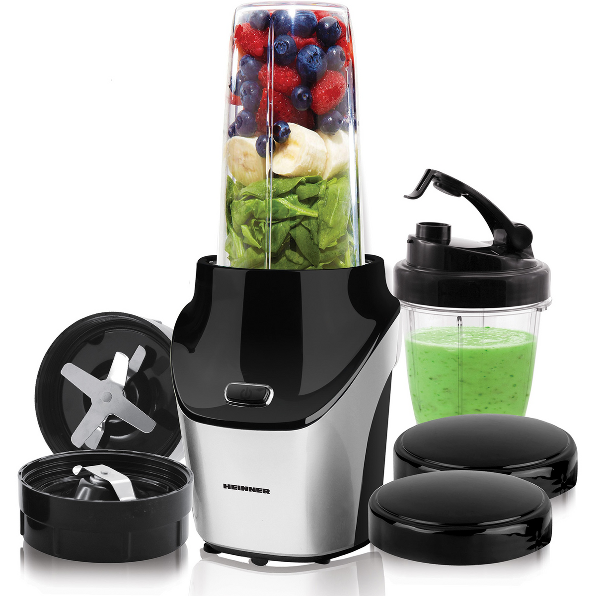 Heinner Sportblender – 1000W – 18.000 rpm – 0,45L & 1L Tritan Bekers – BPA-vrij – RVS Messen – Grinder – Pulse Functie – Zwart/Inox