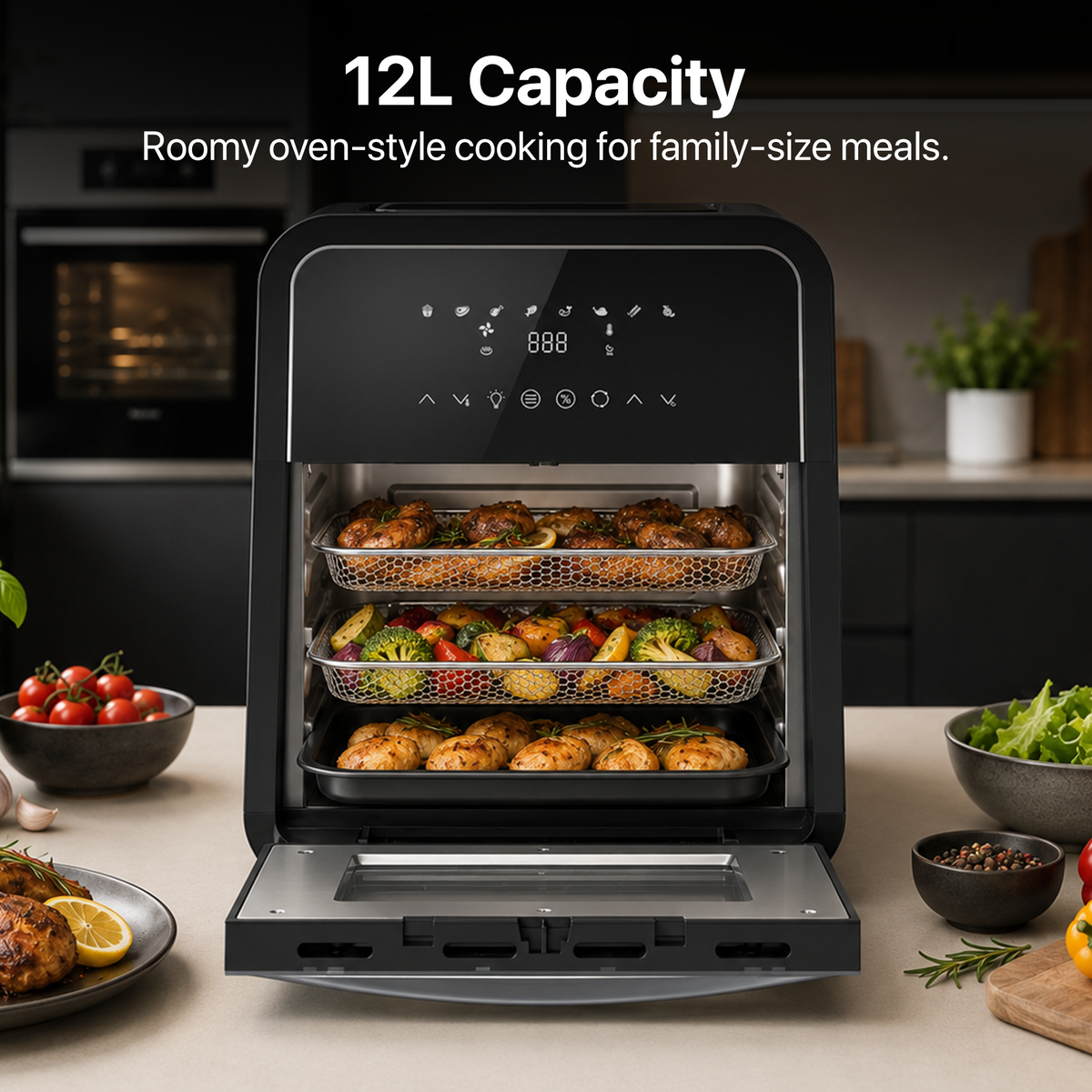 Heinner Heteluchtfriteuse – 2000W – 12L Capaciteit – Ovenfunctie – Digitaal Touchdisplay – Timer 60 min – Dehydrateren 24u – 8 Programma’s – Rotisserie – Zwart (4)