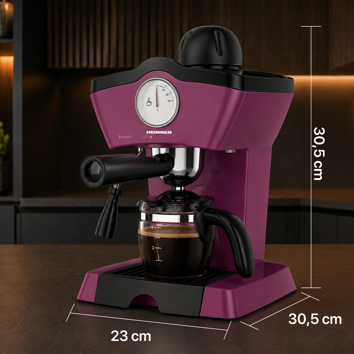 Heinner Charm HEM-200BG Handmatige Espressomachine – 800 W – 3,5 bar – Waterreservoir 250 ml – Voor Espresso en Cappuccino – Melkopschuimer – Frontthermometer – Bordeauxrood (4)