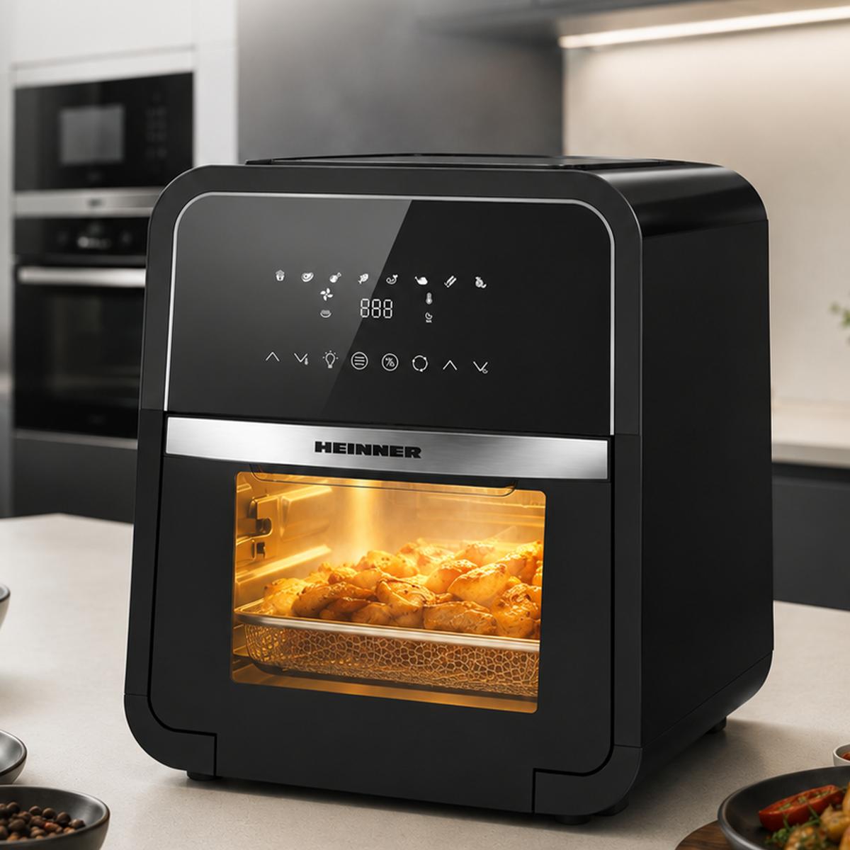 Heinner Heteluchtfriteuse – 2000W – 12L Capaciteit – Ovenfunctie – Digitaal Touchdisplay – Timer 60 min – Dehydrateren 24u – 8 Programma’s – Rotisserie – Zwart (6)