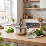 Tefal Daily Cook steelpan van 16 cm met glazen deksel op een houten aanrecht met verse kruiden