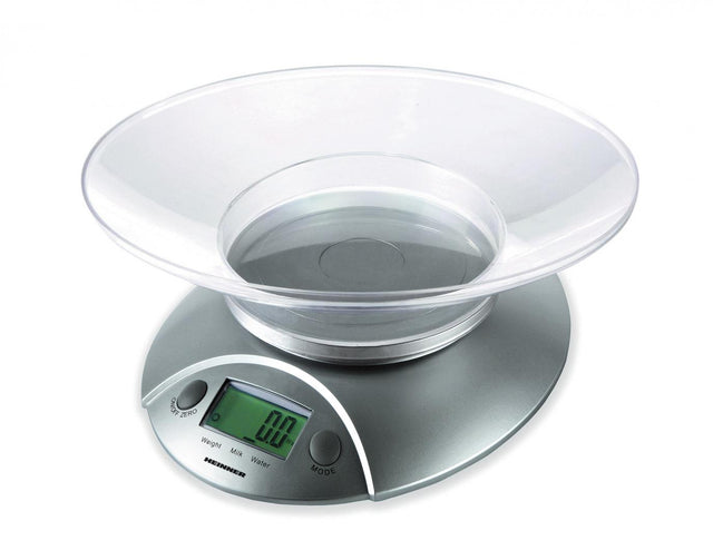 Heinner Digitale Keukenweegschaal met Kom – Maximaal 5 kg – Water- en Melkvolume – Tarrafunctie – LCD-display – Automatische Uitschakeling – Zilver/Transparant