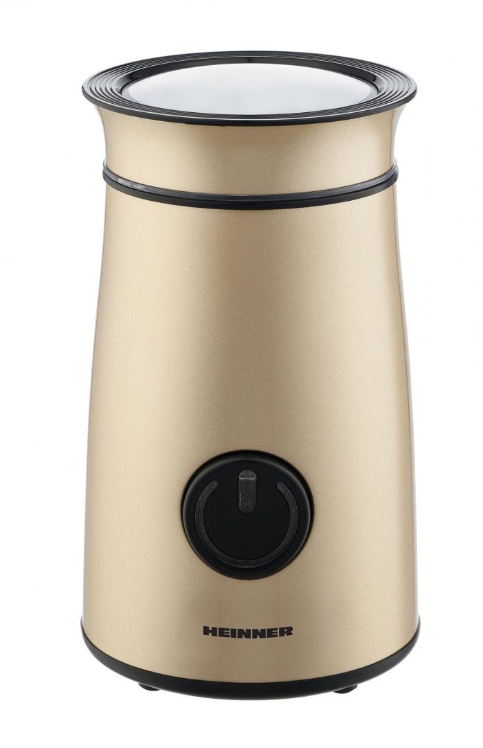 Heinner Elektrische Koffiemolen – Koffiebonenmaler 150 W – 50 g Maalcapaciteit – RVS Messen – Pulsbediening – Transparant Deksel – Kabelopslag – Compact Goudkleurig Design