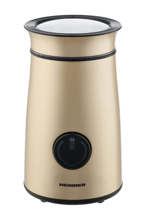Heinner Elektrische Koffiemolen – Koffiebonenmaler 150 W – 50 g Maalcapaciteit – RVS Messen – Pulsbediening – Transparant Deksel – Kabelopslag – Compact Goudkleurig Design