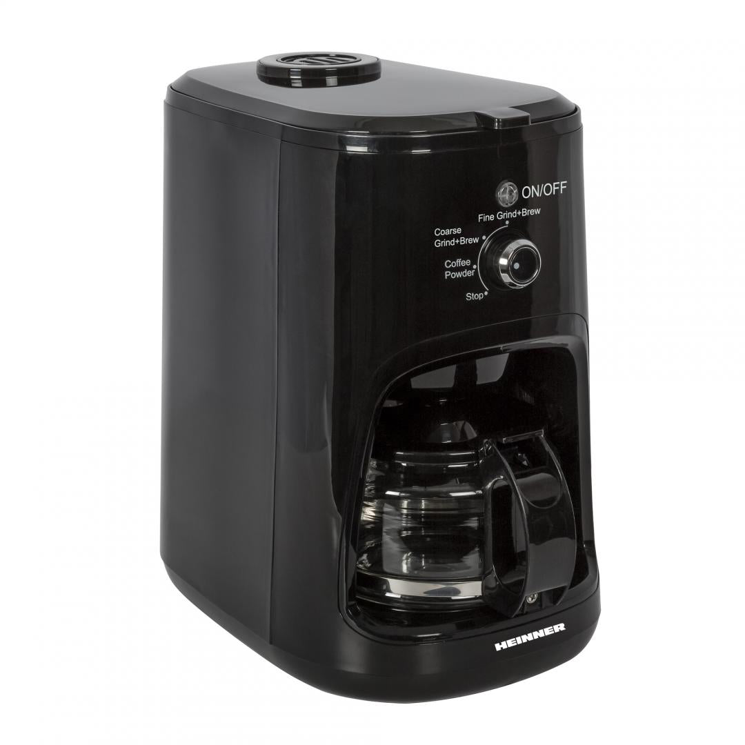Heinner HCM-900RBK Koffiezetapparaat met Koffiemolen - 900W - 0.6L - 4 Kopjes - Instelbare Maalgraad Fijn/Grof - Voor Koffiebonen & Gemalen Koffie - Glazen Kan - Zwart