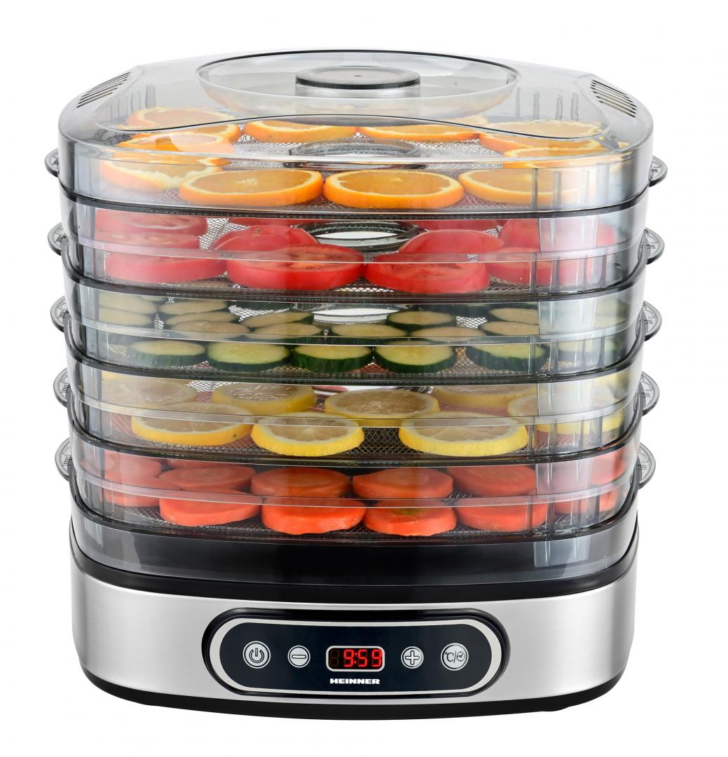 Heinner FreshDehydrate Voedseldroger / Droogoven / Dehydrator – Voor Fruit, Groente, Kruiden & Vlees – 5 Lagen met Verstelbare Hoogte – LED-display – Digitale Timer – Temperatuurregeling 35–70°C – BPA-vrij – 380W – Zwart/RVS
