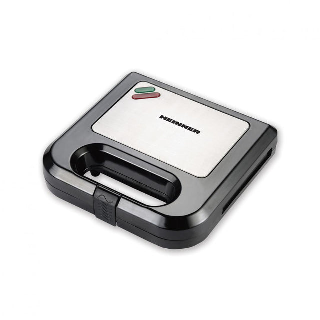 Heinner Sandwichmaker – 750 W – 2 Sandwiches – Antiaanbakplaten – Power- en Ready-indicatielampjes – Vergrendelbare Handgreep – Zwart/RVS