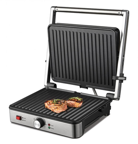 Heinner contactgrill HEG-K2000SS opengeklapt met twee biefstukken op de geribbelde grillplaat
