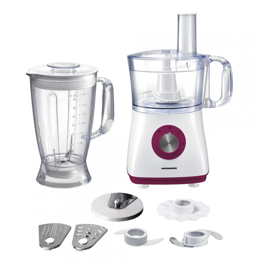 Heinner Multifunctionele Foodprocessor – 750 W – Mengkom 1,2 L – Blender 1,8 L – 2 Snelheden en Pulsstand – Hakken, Kneden, Snijden, Raspen en Emulgeren – Wit/Bordeauxrood