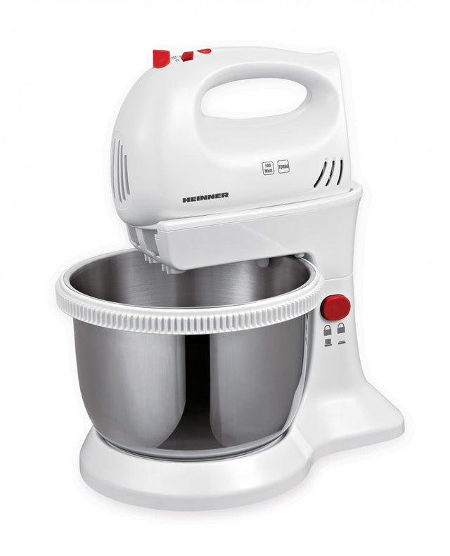 Heinner Mixer met Mengkom – Elektrische Handmixer met Standaard – 300 W – Mengkom van 3,4 L – 5 Snelheden en Turbofunctie – 2 Gardes en 2 Deeghaken – Afneembare Mixer – Wit