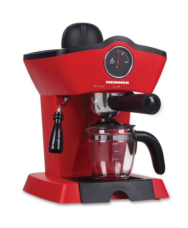 Heinner Retro Effect Espressomachine – 800W – 250 ml Capaciteit – 3,5 bar – Espresso & Cappuccino – Melkopschuimer – Frontale Thermometer – Filter voor 4 Kopjes – Rood