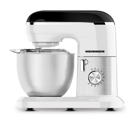 Heinner Planetaire Keukenmachine – 1000 W – RVS Mengkom 5 L – 10 Snelheden + Pulsstand – Garde, Deeghaak en Menghaak – Transparant Spatdeksel – Wit