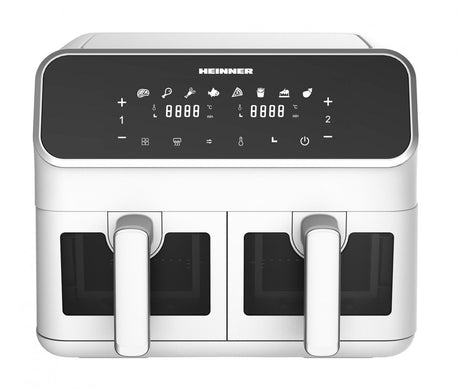 Heinner DualFry Supreme Dubbele Heteluchtfriteuse – 1700W – 8L Totale Capaciteit – Digitaal Display – Touchbediening – 8 Programma’s – SYNC & MATCH – Temperatuur 80–200°C – Wit – 3 Jaar Garantie