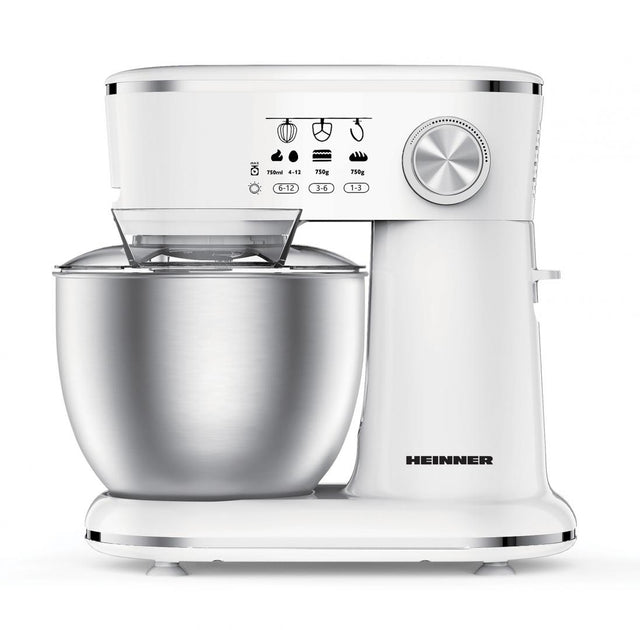 Heinner Keukenmachine Mixer – 5 L Kom – 1000 W – 12 Snelheden met Pulsfunctie – Keukenrobot inclusief RVS Garde, Menghaak en Deeghaak – Wit