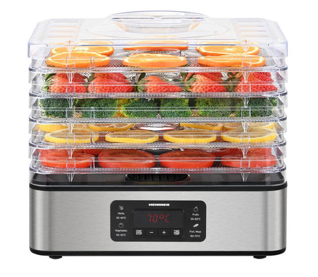 Heinner Drymaster Pro Voedseldroger / Droogoven – 5 Lagen Dehydrator – LED Display – Digitale Timer & Temperatuurregeling – Voor Fruit, Groente, Kruiden & Vlees – Oververhittingsbeveiliging – 240W – RVS