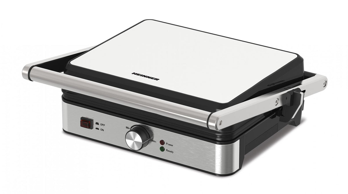 Heinner contactgrill HEG-K2000SS dichtgeklapt met roestvrijstalen front en bedieningsknop