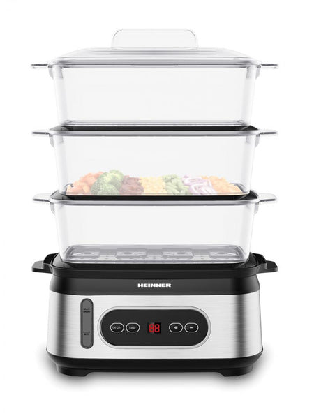 Heinner HSA-D950SS Stoomkoker 9L - Voedselstomer 800-950W met Timer - 3 Lagen BPA-vrij - Voor Groente, Rijst, Vis, Kip & Eieren - LED Display