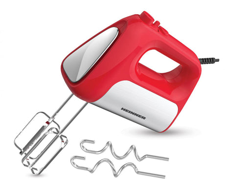 Heinner Handmixer – 500 W – 5 Snelheden + Turbo – RVS Kloppers & Deeghaken – Uitwerpknop – Rood met RVS-decoratie