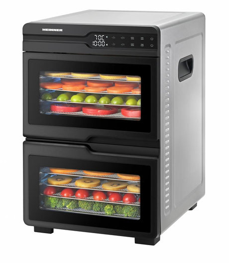Heinner HFD-KDDB1200BKSS Voedseldroger – 1000–1200W – 12 Inox Trays – Dubbele Compartimentering – Dual Airflow – LED-display – Touchbediening – Timer 48u – Temperatuur 35–80°C – Zwart/Inox