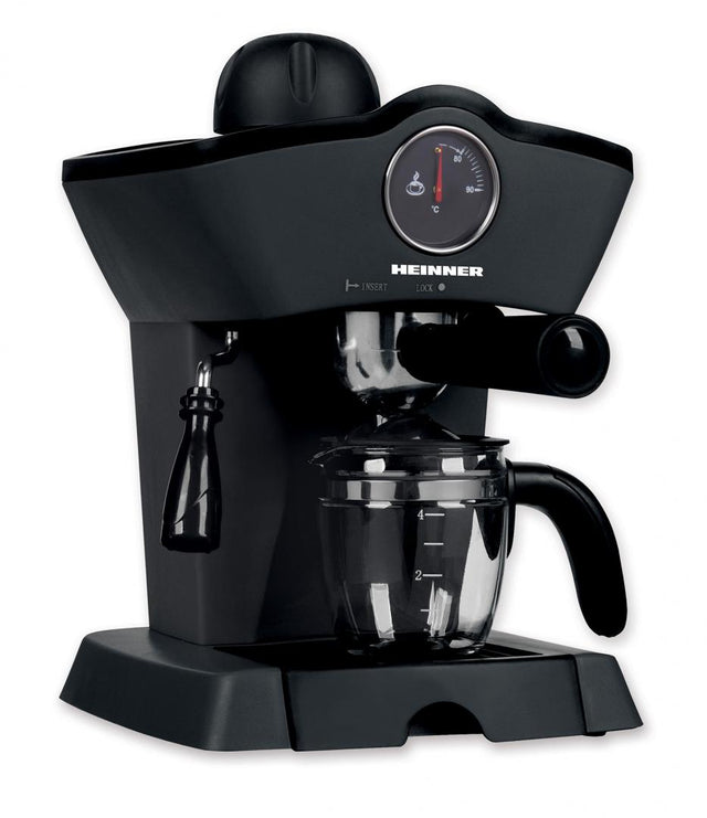 Heinner Retro Effect Espressomachine – 800W – 250 ml Capaciteit – 3,5 bar – Espresso & Cappuccino – Melkopschuimer – Frontale Thermometer – Filter voor 4 Kopjes – Zwart